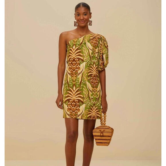 Farm Rio Green Pineapple Tapestry LENZING ECOVERO EUROFLAX Mini Dress Size S - Picture 1 of 4